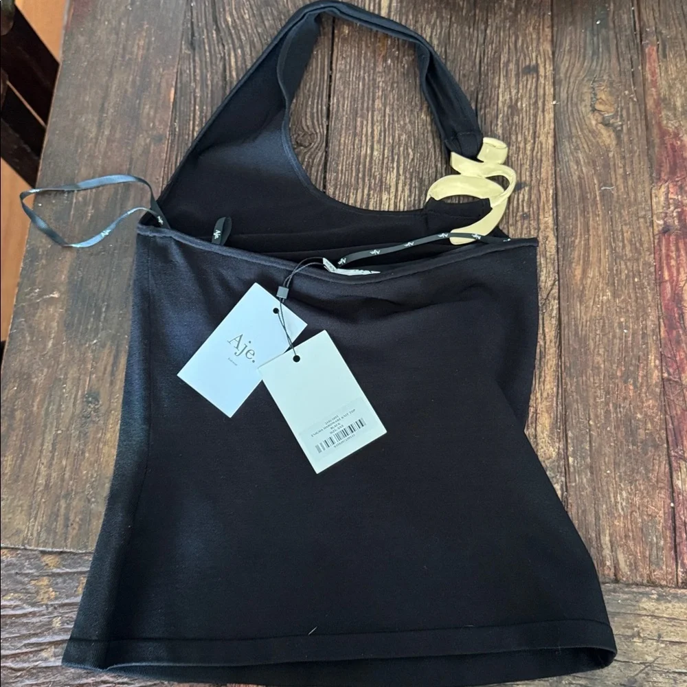 Aje Enigma Hardware-Detailed Knit Halter Top Black NWT - Picture 6 of 7